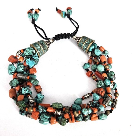Dyed Blue Howlite Faux Coral Chunky Layeree Adjustable Beaded Bracelet - Picture 1 of 3